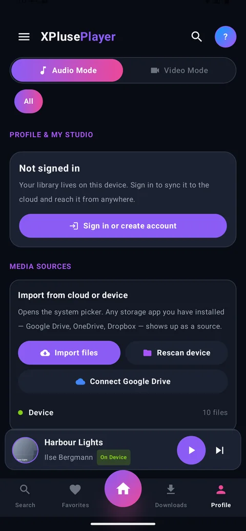 XPlusePlayer profile screen with media sources and Google Drive import