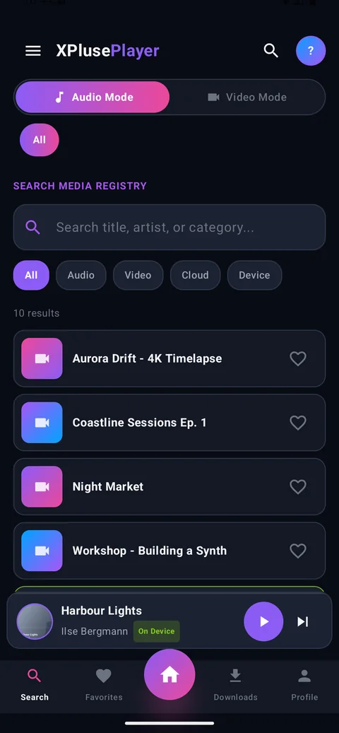 XPlusePlayer search screen filtering the library by audio, video, cloud or device